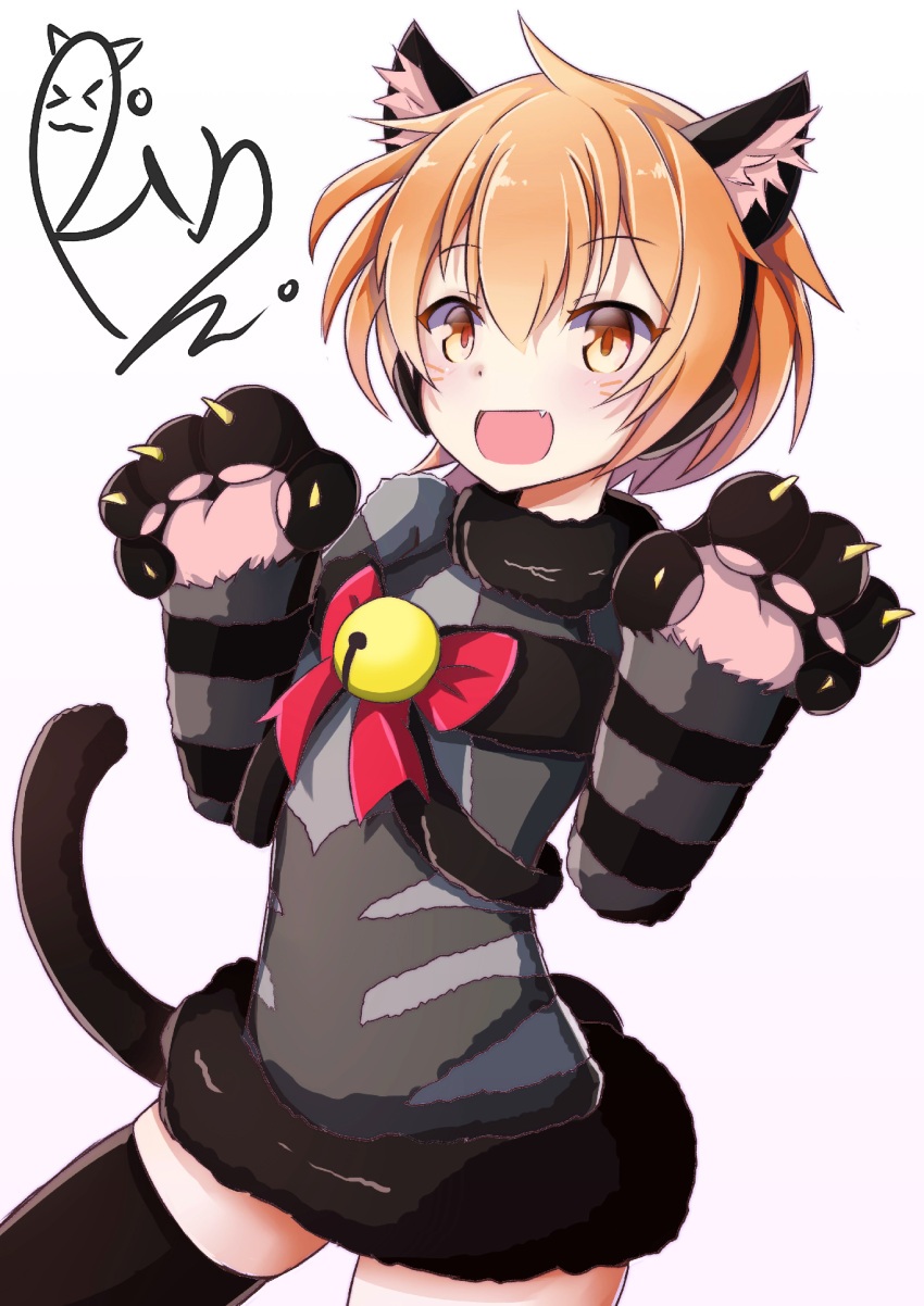 1girl animal_ears bell cat_ears cat_paws cat_tail character_name claws fang highres hoshizora_rin looking_at_viewer love_live!_school_idol_project open_mouth orange_eyes orange_hair paw_pose paws ribbon short_hair simple_background sylphine tail