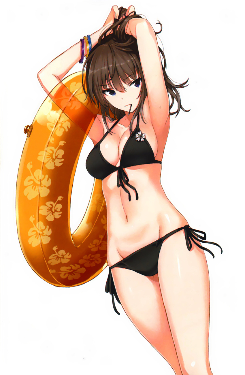 1girl armpits arms_up bikini black_bikini black_eyes breasts cleavage dutch_angle front-tie_top hair_ornament hairclip highres innertube large_breasts long_hair mound_of_venus mouth_hold navel saitom scan side-tie_bikini simple_background solo standing sweat swimsuit tying_hair white_background wristband