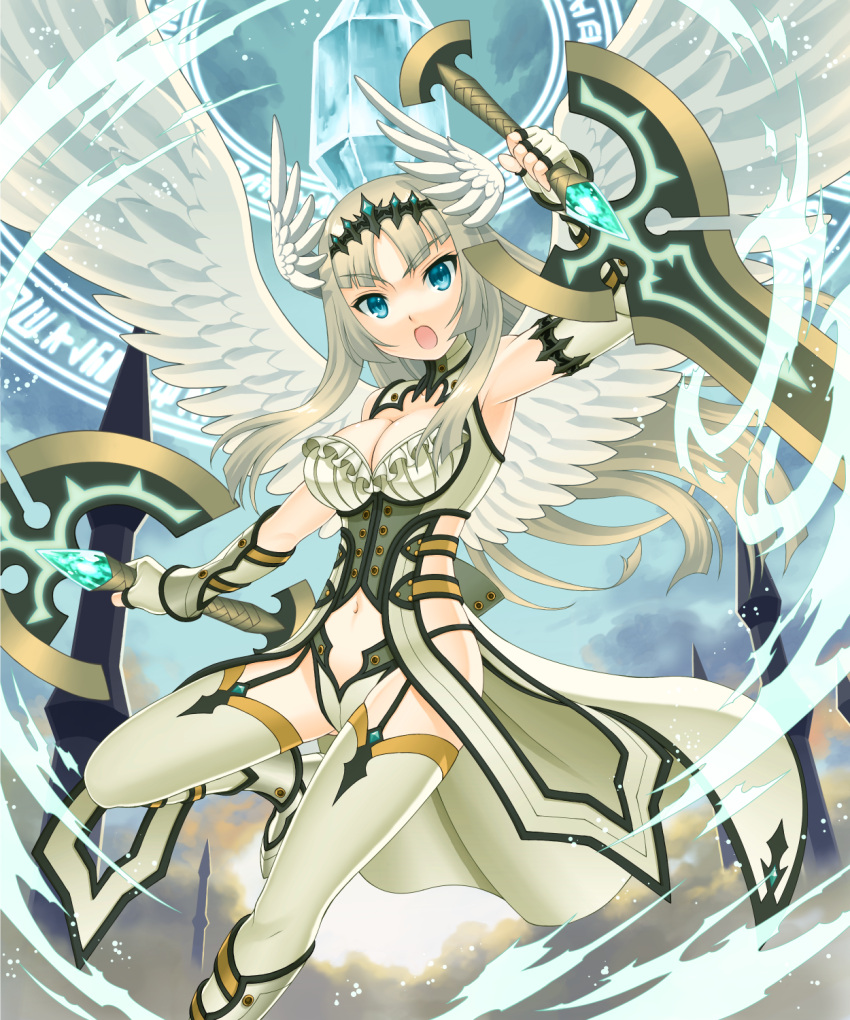 1girl :o blonde_hair blue breasts cleavage clouds dual_wielding fingerless_gloves gloves head_wings highres long_hair looking_at_viewer navel navel_cutout nokia_(harusion) original reverse_grip sky solo sword thigh-highs vambraces weapon white_gloves white_legwear wings