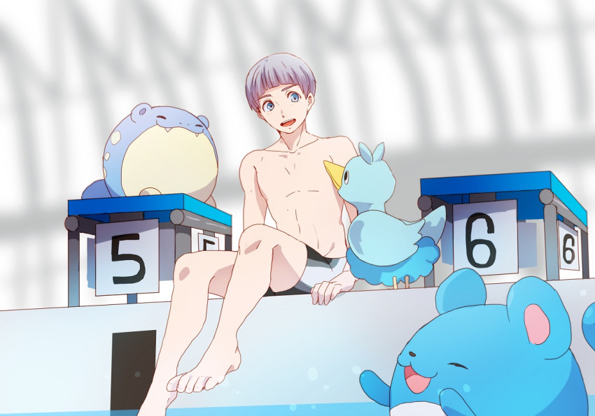 1boy :3 blue_eyes closed_eyes crossover ducklett free! grey_hair marill mole nitori_aiichirou open_mouth pokemon pokemon_(creature) pool ronisuke shirtless short_hair spheal starting_block swim_briefs