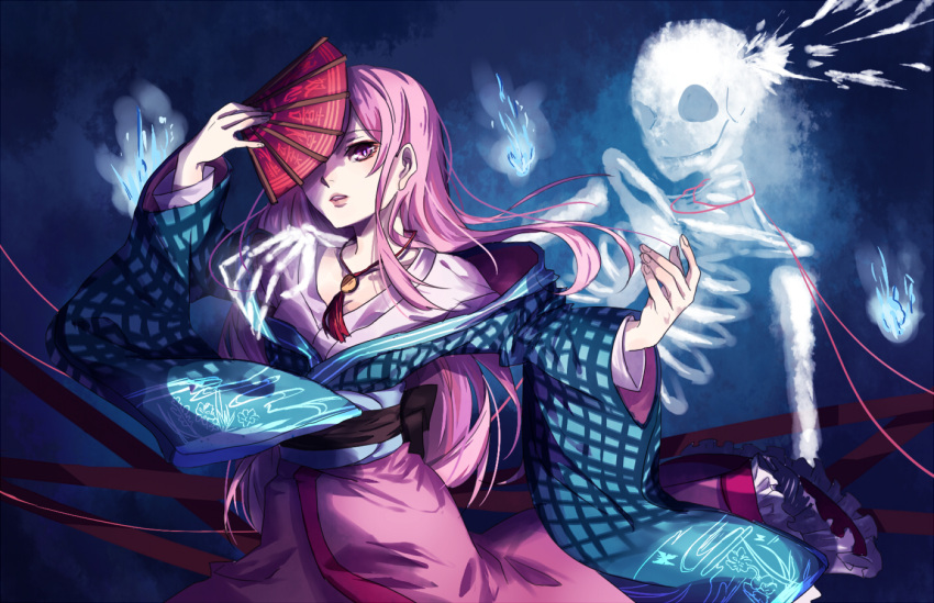 1girl fan hata_no_kokoro long_hair long_sleeves paper_fan pink_eyes pink_hair plaid plaid_shirt skeleton skirt solo touhou very_long_hair wide_sleeves wwwwondefulwater