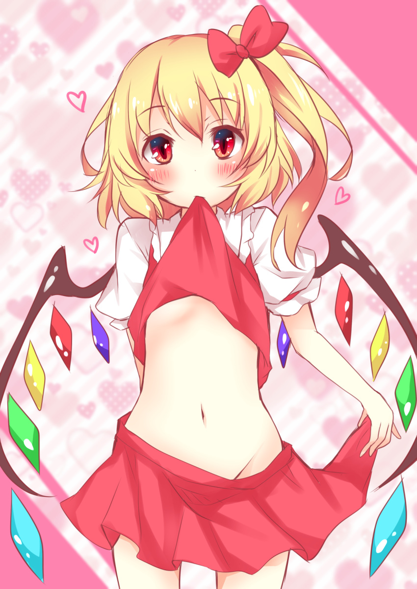 1girl blush bow flandre_scarlet hair_bow heart highres looking_at_viewer midriff mound_of_venus navel no_hat no_panties puffy_short_sleeves puffy_sleeves red_eyes shirt short_sleeves side_ponytail sisterakuma skirt skirt_down skirt_tug solo touhou vest vest_in_mouth wings