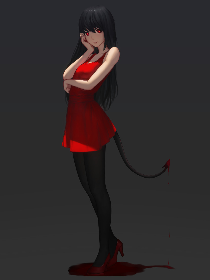 1girl absurdres black_hair black_legwear blood breast_hold demon_girl demon_tail dress dripping evil_smile fangs glowing glowing_eyes grey_background hand_on_head high_heels highres long_hair looking_at_viewer maredoro mole_under_eye open_mouth original pantyhose pool_of_blood red_dress red_eyes simple_background sleeveless smile solo standing succubus tail