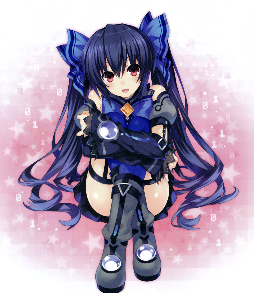 1girl absurdres belt black_hair boots bow chou_megami_shinkou_noire_gekishin_black_heart crop_top detached_sleeves garter_straps highres huge_filesize long_hair looking_at_viewer neptune_(series) noire official_art red_eyes skirt solo taut_clothes taut_shirt thigh-highs tsunako twintails very_long_hair