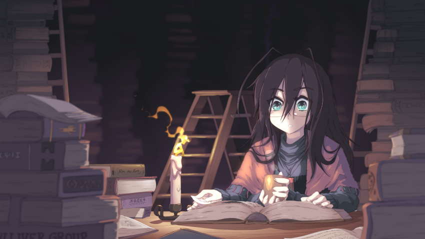 antenna_hair aqua_eyes book brown_hair candlelight glasses highres holding_cup john_su multiple_arms original reading stepladder sweater tagme too_many_books