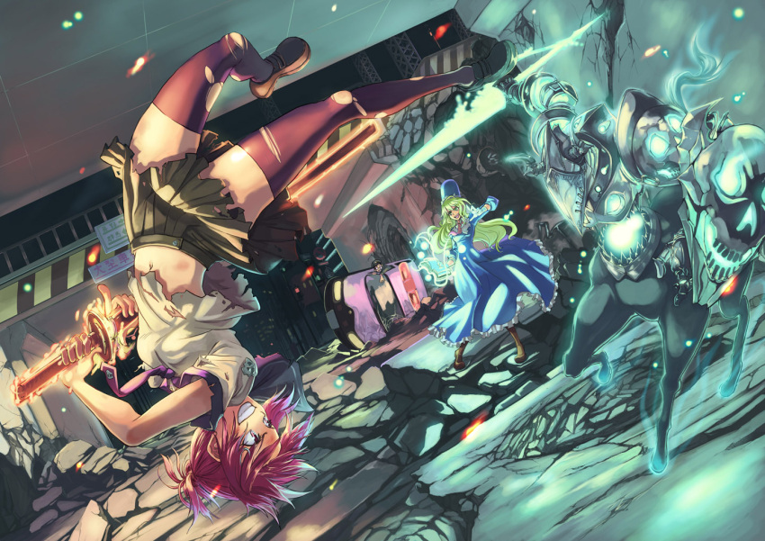 armor battle dress fire grin igarashi_youhei legs multiple_girls necktie original police police_car red_hair seifuku skirt smile sword thigh-highs thighhighs torn_clothes upside-down weapon zettai_ryouiki