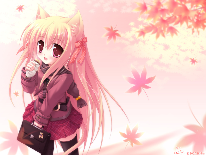 bell blonde_hair blush catgirl doll fang food long_hair ribbons scarf skirt thigh-highs yokuran