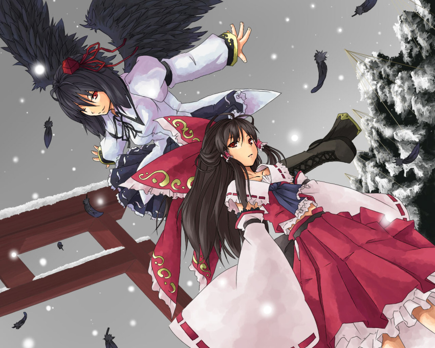 black_hair black_wings boots bow brown_hair cross-laced_footwear detached_sleeves dutch_angle embellished_costume feathers frills gathers geta hakurei_reimu hat japanese_clothes kinsenka lace-up_boots large_bow long_hair miko multiple_girls outstretched_arms red_eyes ribbons shameimaru_aya short_hair skirt snow snowing spread_arms tengu-geta tokin_hat torii touhou wallpaper wide_sleeves wings wink