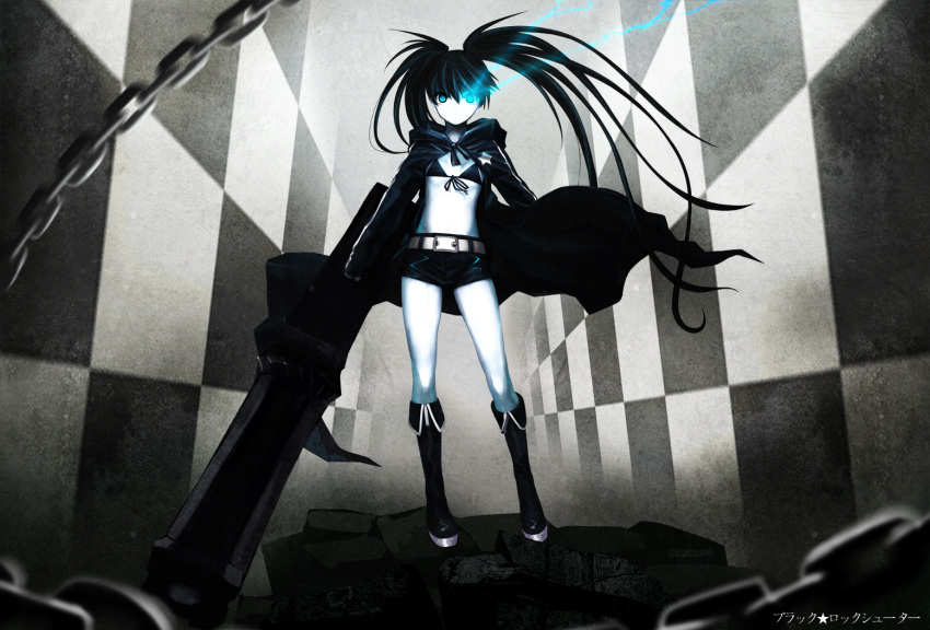 arm_cannon belt bikini_top black_hair black_rock_shooter black_rock_shooter_(character) blight_essence blue_eyes boots chain checkered coat flat_chest front-tie_top glowing_eye knee_boots long_hair midriff pale_skin short_shorts shorts solo star twintails uneven_twintails weapon