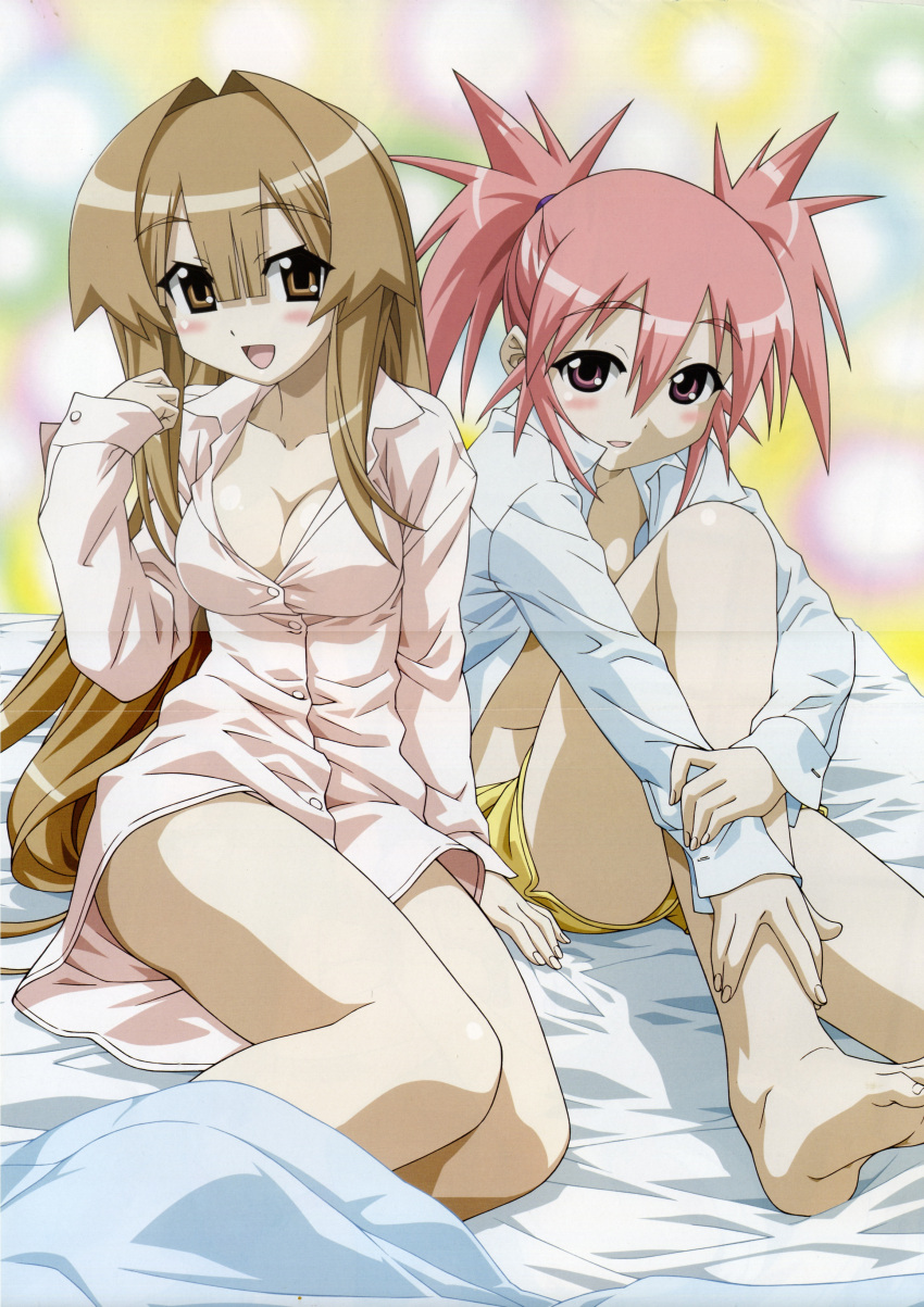 bare_feet barefoot bed blush bottomless breasts brown_eyes brown_hair cleavage comp_h's edomae_lunar feet highres large_breasts leg_hug long_hair luna lunar morita_kazuaki nightshirt no_bra open_clothes open_shirt pink_eyes pink_hair scan seto_no_hanayome seto_sun shirt shorts sitting sun twintails white_shirt