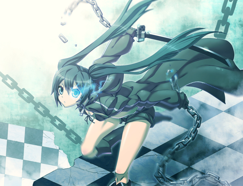 bad_id belt bikini_top black_hair black_rock_shooter black_rock_shooter_(character) blue_eyes boots chain hoodie is_ii katana long_hair midriff shorts solo sword twintails weapon