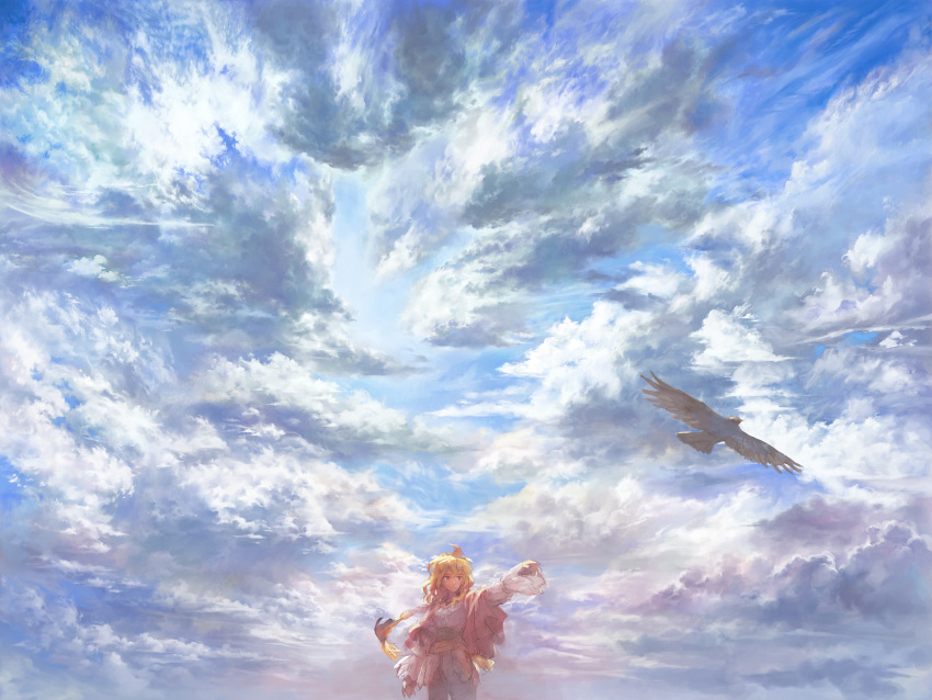 bird blonde_hair braid cloud highres matsuda_(matsukichi) original scenery sky