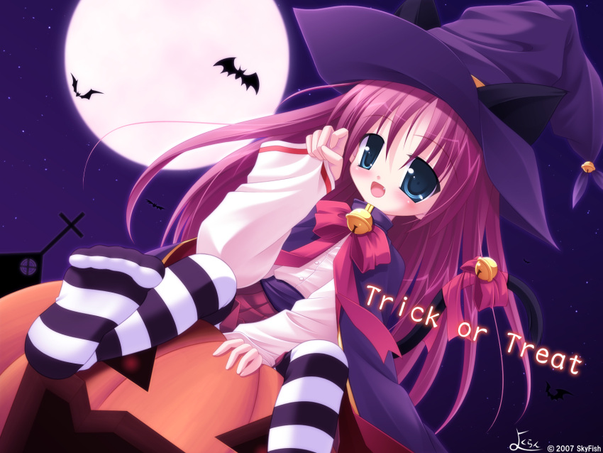 catgirl fang halloween hat long_hair moon night purple_hair ribbons sky thigh-highs tsubasa_tamago witch