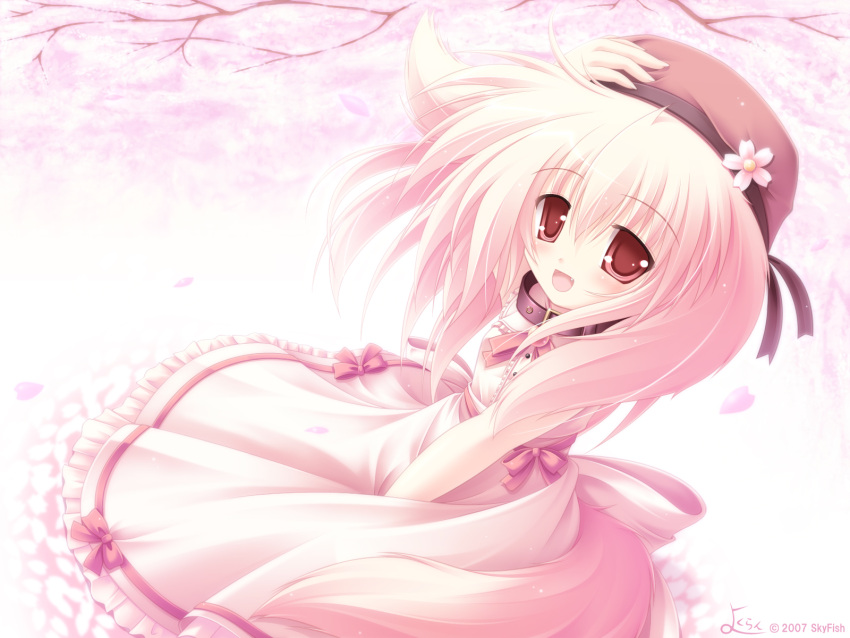 1girl blonde_hair blush cherry_blossoms dress fang hat long_hair ribbons yokuran