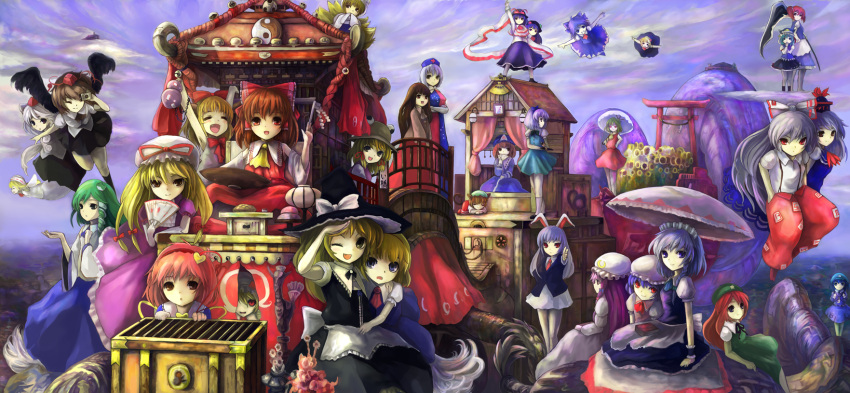 6+girls animal_ears ascot black_hair black_wings blonde_hair blue_eyes blue_hair box braid brown_hair bunny_ears camera cat_ears cat_tail chen china_dress chinese_clothes cirno detached_sleeves donation_box eyes fan flandre_scarlet flower food fox_tail fruit fujiwara_no_mokou gloves green_hair hair_ribbon hairband hakurei_reimu hat highres hinanawi_tenshi hong_meiling horns houraisan_kaguya ibuki_suika inubashiri_momiji izayoi_sakuya kamishirasawa_keine kawashiro_nitori kazami_yuuka kirisame_marisa kochiya_sanae komeiji_satori konpaku_youmu lily_white long_hair moriya_suwako multiple_tails nagae_iku necktie onozuka_komachi parasol patchouli_knowledge peach pink_hair purple_eyes purple_hair red_eyes red_hair reisen_udongein_inaba remilia_scarlet ribbon rumia saigyouji_yuyuko scythe shameimaru_aya shikieiki_yamaxanadu short_hair shoukou silver_hair skirt skirt_set sunflower suspenders tail tokin_hat touhou twin_braids twintails umbrella vest wings witch_hat wolf_ears wolf_tail yagokoro_eirin yakumo_ran yakumo_yukari yellow_eyes