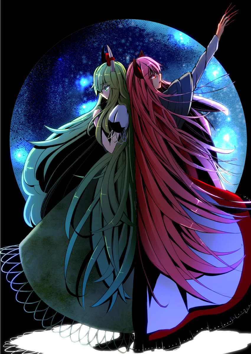2girls animal_ears back-to-back bow dendenmushi dress ex-keine fang fingernails full_moon green_hair highres horn_ribbon horns imaizumi_kagerou kamishirasawa_keine long_fingernails long_hair long_sleeves moon multiple_girls open_mouth red_eyes ribbon touhou very_long_hair wide_sleeves wolf_ears