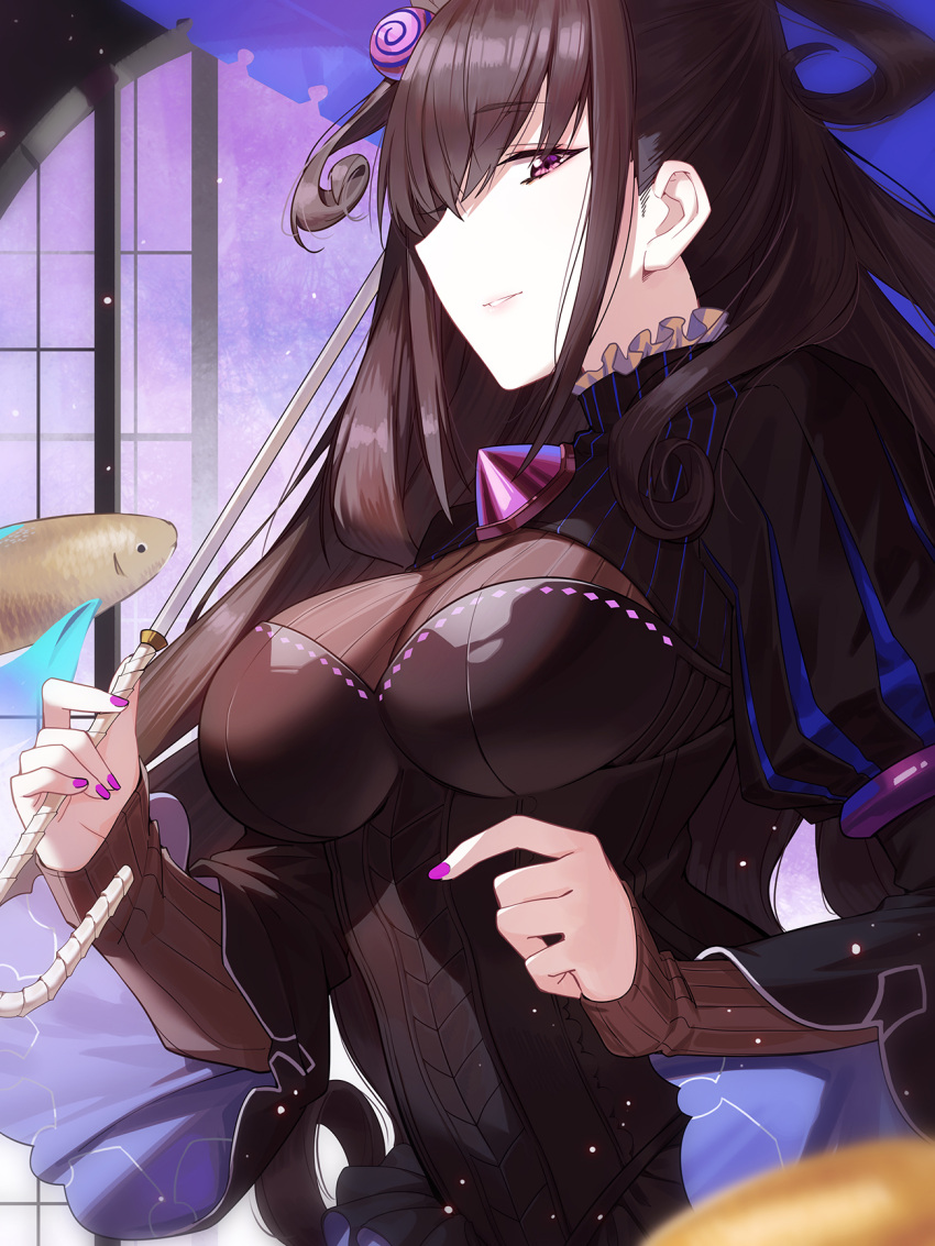 1girl bangs black_dress black_hair breasts brown_hair commentary_request double_bun dress eyebrows_visible_through_hair fate/grand_order fate_(series) fish hair_between_eyes hair_ornament highres large_breasts long_hair long_sleeves looking_at_viewer murasaki_shikibu_(fate) puffy_sleeves sleeves_past_wrists solo two_side_up umbrella very_long_hair violet_eyes zhanzheng_zi