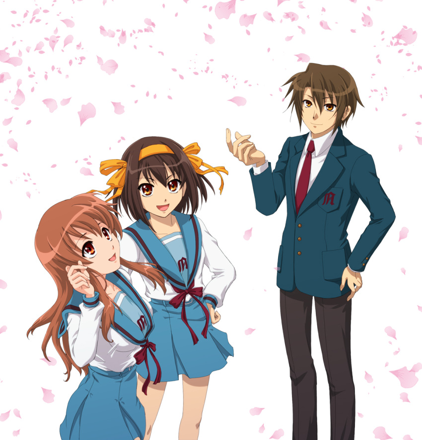 1boy 2girls asahina_mikuru cherry_blossoms highres koizumi_itsuki multiple_girls school_uniform serafuku suama_(7070sv) suzumiya_haruhi suzumiya_haruhi_no_yuuutsu
