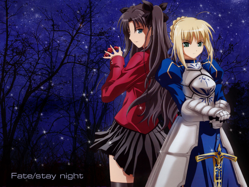 2girls ahoge armor artoria_pendragon_(all) back-to-back black_hair blonde_hair blue_eyes fate/stay_night fate_(series) female gems girl green_eyes grumpy looking_at_another night ribbon saber skirt sparkles stars sword tohsaka_rin tree turtleneck twintails type_moon weapon