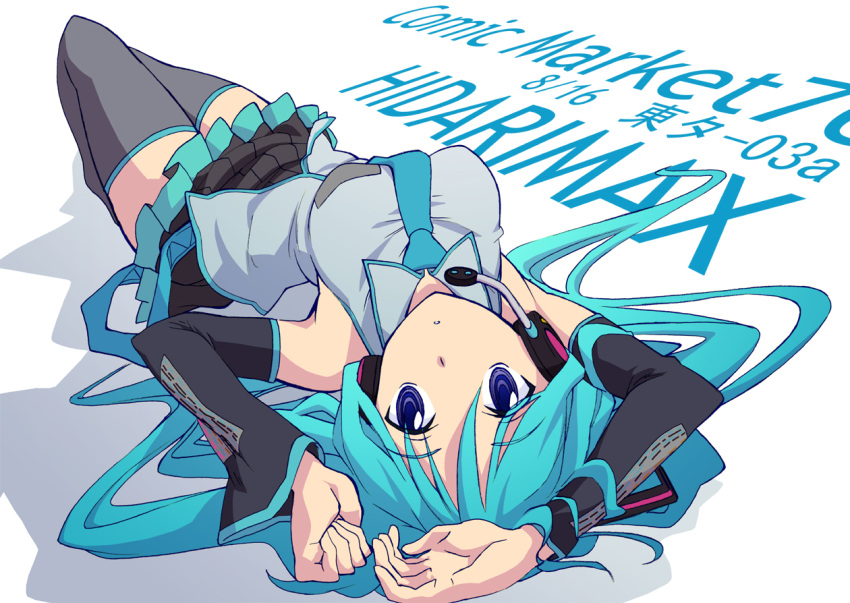 1girl aqua_hair arched_back arms_up bare_shoulders blue_eyes breasts detached_sleeves expressionless hatsune_miku headphones headset katochin_(pixiv) long_hair lying necktie on_back open_mouth skirt solo thighhighs twintails upside-down very_long_hair vocaloid zettai_ryouiki