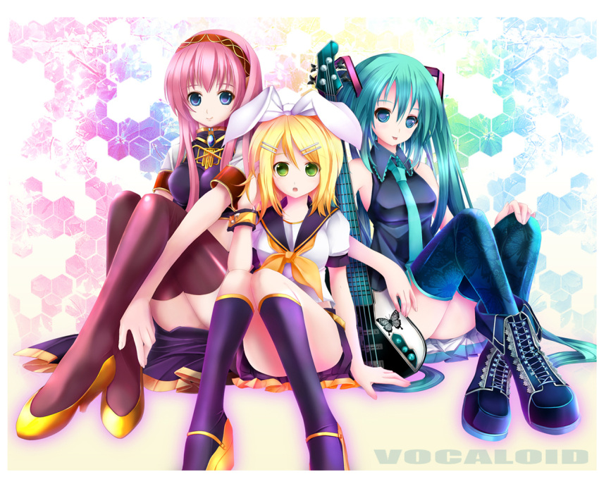 aqua_hair blonde_hair boots butterfly guitar hair_ornament hairclip hands hatsune_miku instrument kagamine_rin legs megurine_luka pink_hair ribbons shoes thigh-highs thighhighs vocaloid yuuki_kira