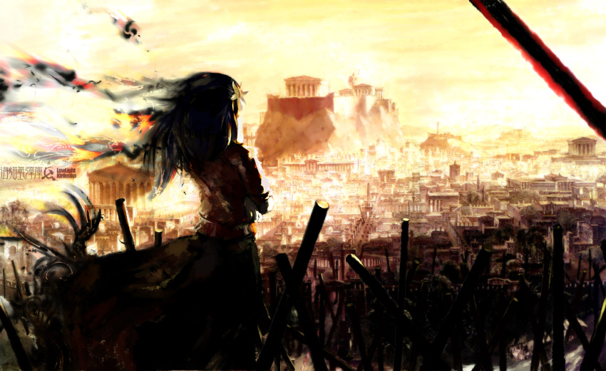 absurdres dark from_behind greco-roman_architecture greece hammer_and_sickle highres landscape long_hair lowlight_kirilenko onbashira scenery scenic solo sunset temple touhou yasaka_kanako