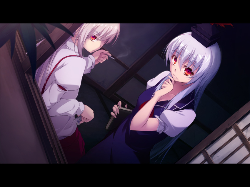 against_wall bad_hands blue_hair book cigarette dutch_angle fujiwara_no_mokou hat highres kamishirasawa_keine kazakura letterboxed lighter long_hair multiple_girls night red_eyes silver_hair smoke smoking touhou wallpaper white_hair window worried