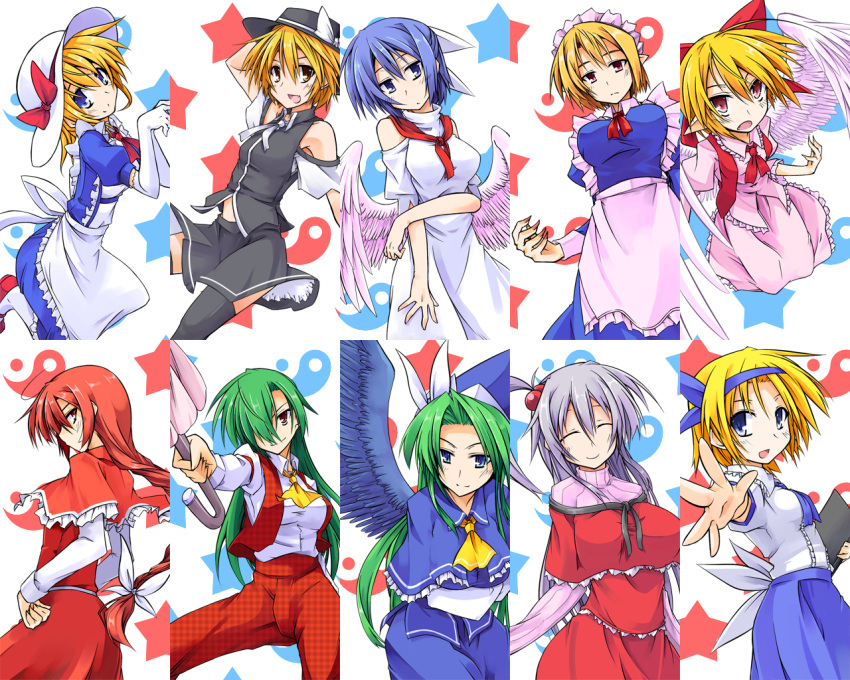 alice_margatroid alice_margatroid_(pc-98) ascot bare_shoulders black_legwear blonde_hair blue_hair book bow breasts capelet elbow_gloves fang gengetsu gloves goddess green_hair hair_bobbles hair_bow hair_ornament hat hemogurobin_a1c highres kana_anaberal kazami_yuuka kazami_yuuka_(pc-98) large_breasts lavender_hair long_hair mai_(touhou) maid maid_headdress mima mugetsu mugetsu_(touhou) multiple_girls okazaki_yumemi pantyhose pointy_ears red_hair redhead shinki short_hair smile thighhighs touhou touhou_(pc-98) umbrella white_legwear wings witch wizard_hat youkai yuki_(touhou) yumeko