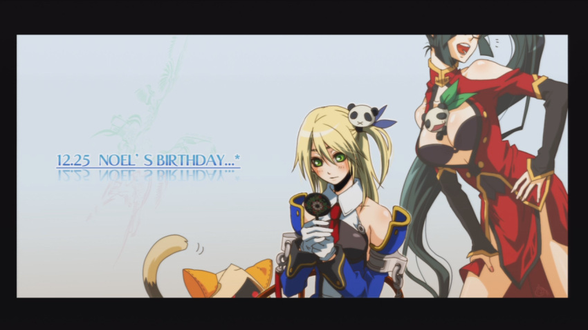 :x between_breasts birthday black_hair blazblue blush breasts china_dress chinadress chinese_clothes cleavage cleavage_cutout detached_sleeves green_eyes hair_ornament lao_jiu litchi_faye_ling long_hair noel_vermillion panda ponytail red_eyes side_ponytail smile staff tail tail_wagging taokaka very_long_hair wagging