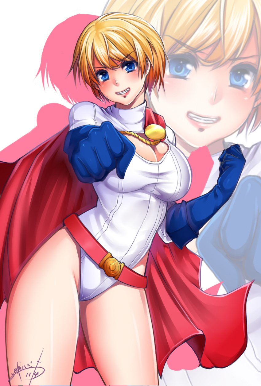 1girl blonde_hair blue_eyes breasts cape cleavage cleavage_cutout dated dc_comics gloves grin highres large_breasts looking_at_viewer miura_hajime power_girl short_hair signature smile solo thighs zoom_layer
