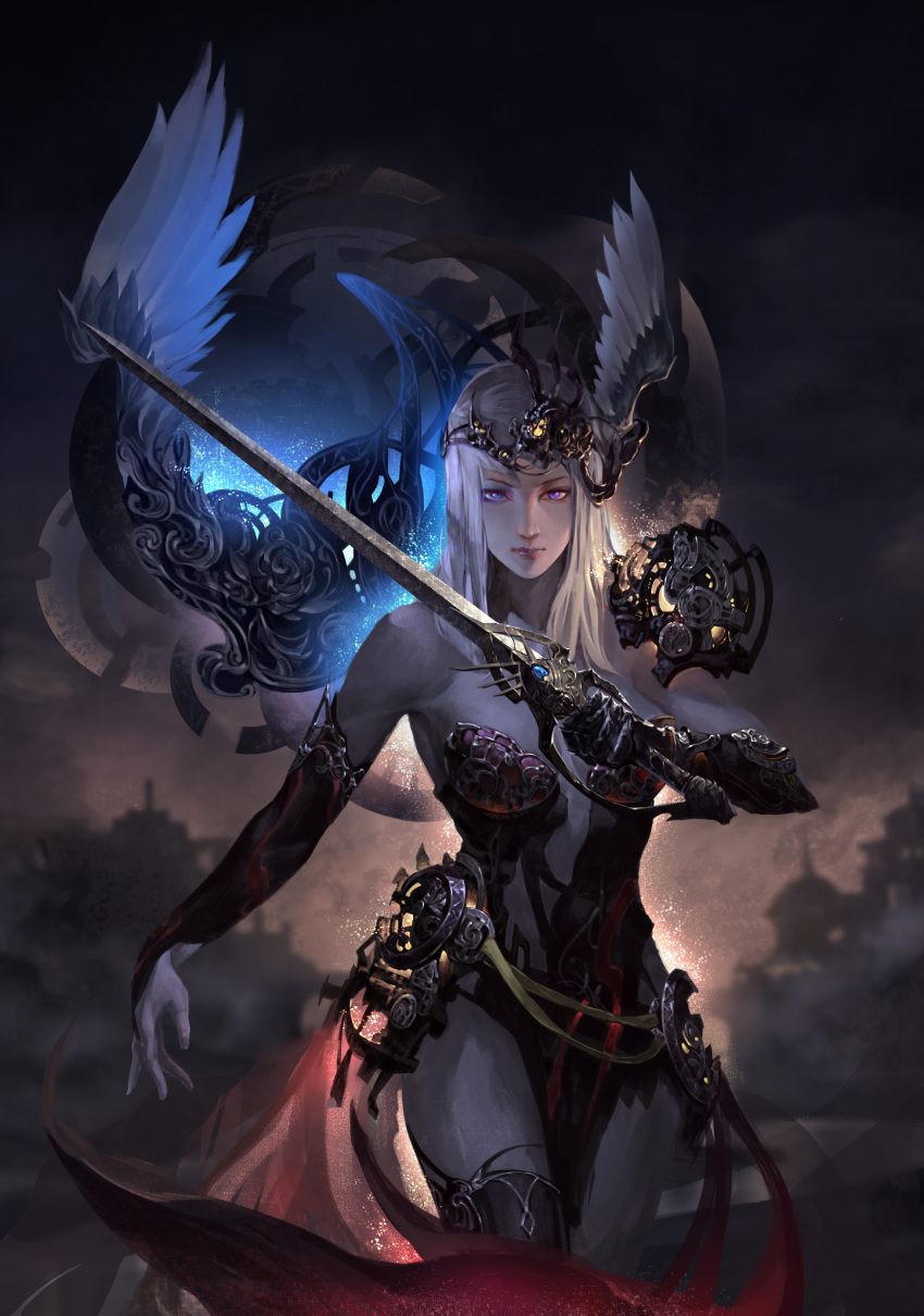 1girl absurdres armor bare_shoulders breasts cape cleavage highres long_hair looking_at_viewer original sanyuejiuri serious solo sword thigh-highs violet_eyes weapon white_hair wings
