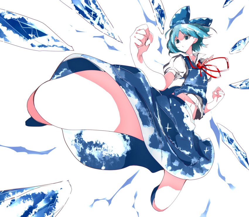 1girl blue_dress blue_eyes blue_hair blush bow cirno dress dress_shirt fighting_stance hair_bow highres ice ice_wings midriff navel puffy_short_sleeves puffy_sleeves red_ribbon ribbon shirt short_hair short_sleeves simple_background skirt solo stomach touhou white_background white_shirt wings