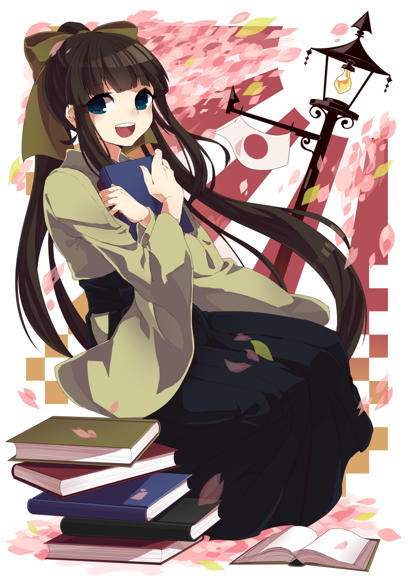 1girl :d absurdres blue_eyes book brown_hair hakama highres holding holding_book japanese_clothes koza long_hair looking_at_viewer open_mouth original petals ponytail sitting smile solo