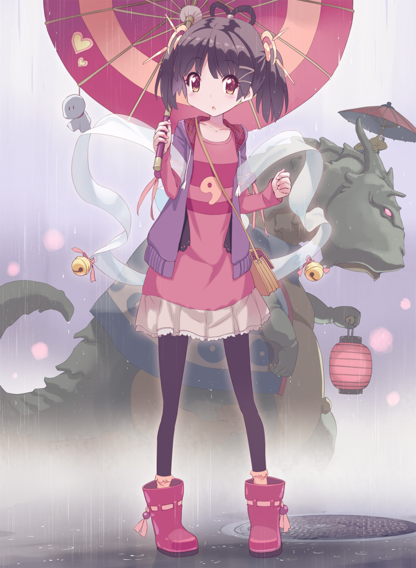 1girl bell black_hair black_legwear casual collarbone dragon frog hair_ornament hair_ribbon highres holding kankurou looking_at_viewer magatama oriental_umbrella original pantyhose parted_lips rain ribbon shawl shoes small_breasts teruterubouzu twintails umbrella