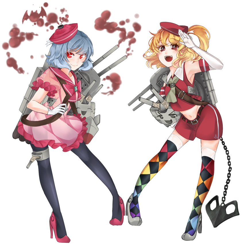 &gt;:) 2girls :d alternate_costume anchor bat blonde_hair crossover dress flandre_scarlet gensei_ruri hat highres kantai_collection looking_at_viewer machinery multiple_girls navel one_side_up open_mouth pantyhose parody red_eyes remilia_scarlet rensouhou-chan rensouhou-kun sailor_dress sailor_hat school_uniform serafuku short_hair shorts simple_background smile smoke thigh-highs touhou turret white_background zettai_ryouiki