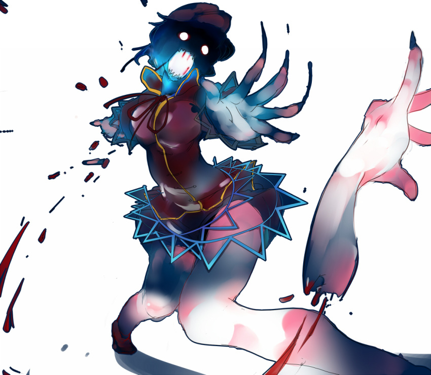 1girl beret blood blood_splatter blouse chinese_clothes fingernails hands hat jiangshi miyako_yoshika open_mouth outstretched_arm reaching reaching_out red_ribbon ribbon severed_arm severed_limb sharp_fingernails short_hair short_sleeves simple_background skirt solo touhou white_background zombie