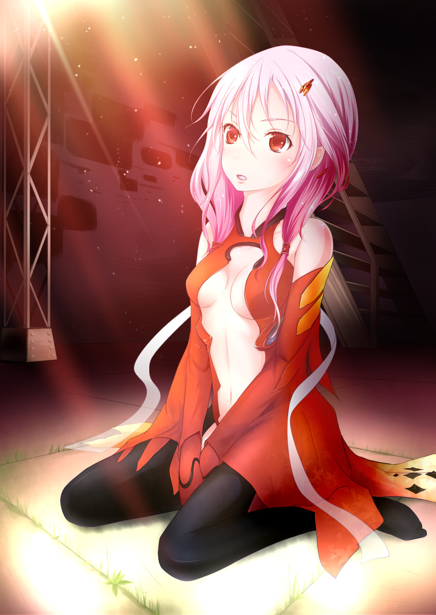 1girl bare_shoulders black_legwear breasts center_opening cleavage detached_sleeves elbow_gloves fingerless_gloves gloves guilty_crown hair_ornament hairclip highres long_hair mitsukii navel pink_hair red_eyes sitting solo thigh-highs twintails wariza yuzuriha_inori