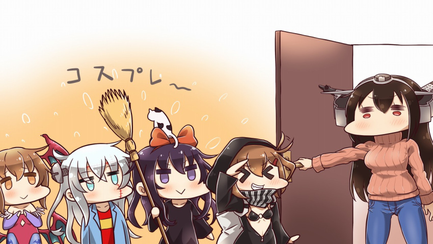 5girls akatsuki_(kantai_collection) alternate_costume black_hair blue_eyes blue_hair broom brown_eyes brown_hair demon_wings frankenstein's_monster frankenstein's_monster_(cosplay) hair_ribbon halloween halloween_costume hibiki_(kantai_collection) hood hoodie ikazuchi_(kantai_collection) inazuma_(kantai_collection) kantai_collection long_hair multiple_girls nagato_(kantai_collection) re-class_battleship re-class_battleship_(cosplay) ribbon scarf silver_hair stitches sweater tanaka_kusao translation_request wings witch