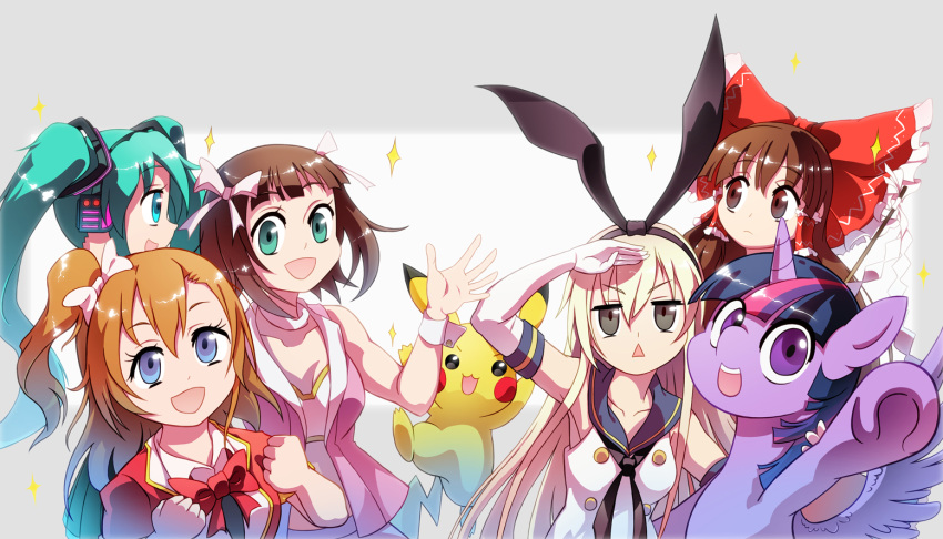 5girls :d amami_haruka black_eyes blonde_hair blue_eyes bow brown_eyes brown_hair commentary_request crossover elbow_gloves gloves gohei green_eyes green_hair hair_bow hair_ornament hair_ribbon hakurei_reimu hatsune_miku headphones idol idolmaster kantai_collection kousaka_honoka long_hair looking_at_viewer love_live!_school_idol_project multiple_crossover multiple_girls my_little_pony open_mouth pegasus pikachu pokemon pokemon_(creature) pony ribbon school_uniform serafuku shimakaze_(kantai_collection) short_hair smile sparkle touhou triangle_mouth twilight_sparkle twintails unicorn violet_eyes vocaloid xin_yu_hua_yin