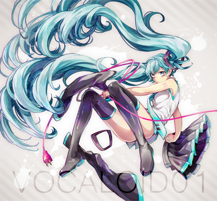 1girl aqua_eyes aqua_hair boots bottomless copyright_name floating_hair hatsune_miku long_hair makoto_(roketto-massyumaro) necktie revision skirt skirt_removed solo thigh-highs thigh_boots twintails very_long_hair vocaloid