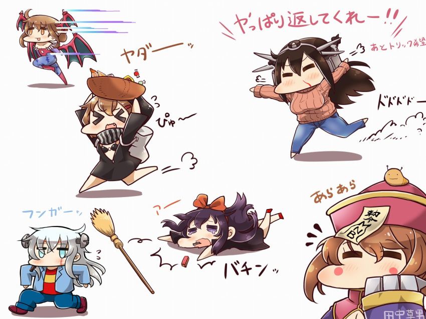 &gt;_&lt; 6+girls akatsuki_(kantai_collection) black_hair blood blue_hair blush_stickers bowl broom brown_hair candy demon_girl demon_wings denim frankenstein's_monster frankenstein's_monster_(cosplay) hair_ribbon hibiki_(kantai_collection) hood hoodie ikazuchi_(kantai_collection) inazuma_(kantai_collection) jeans jiangshi kantai_collection kiki kiki_(cosplay) lei_lei lei_lei_(cosplay) lilith_aensland lilith_aensland_(cosplay) majo_no_takkyuubin multiple_girls mutsu_(kantai_collection) nagato_(kantai_collection) nosebleed pants re-class_battleship re-class_battleship_(cosplay) ribbon scarf silver_hair slug snack stitches sweater tanaka_kusao translation_request tripping vampire_(game) wings