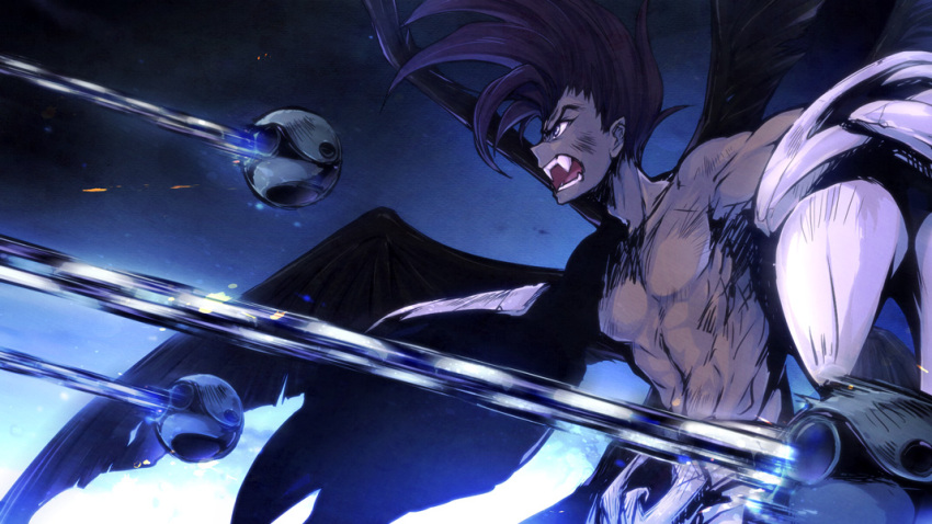 1boy bare_chest black_hair dark_skin fangs fighting houshin_engi male_focus open_mouth pointy_ears raishinshi shirtless solo teeth utsugi_(skydream) wings