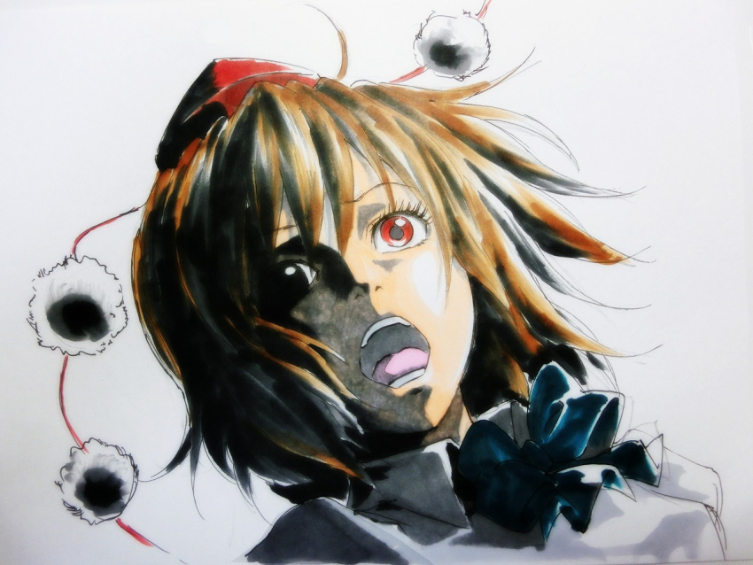 1girl ahoge beluo77 bowtie brown_hair collared_shirt dutch_angle eyelashes face hat looking_at_viewer open_mouth pom_pom_(clothes) portrait red_eyes scared screaming shameimaru_aya shirt short_hair simple_background solo surprised tokin_hat tongue touhou white_background white_shirt