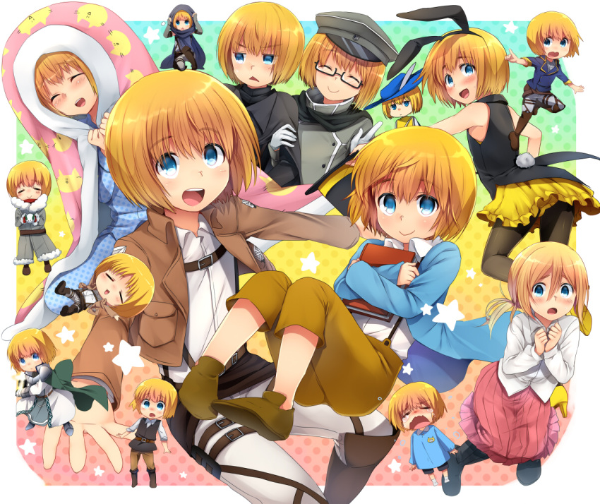 1boy :o ^_^ alternate_costume animal_ears armin_arlert armor belt bespectacled black_legwear blanket blonde_hair blush book boots buckle bunny_tail cape chibi christa_renz christa_renz_(cosplay) cloak closed_eyes crossdressinging crying fake_animal_ears fur_coat glasses gloves hat high_heels jacket long_hair long_sleeves marimo_danshaku military military_uniform multiple_persona outstretched_arms pajamas pantyhose pointing rabbit_ears shingeki_no_kyojin shiny shiny_hair short_hair skirt smile spread_arms star tail tears thigh_strap triangle_mouth uniform usamin vest wavy_mouth younger