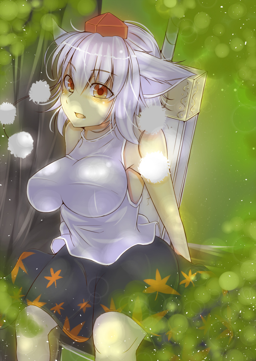 1girl animal_ears blush breasts fang hat highres huge_weapon in_tree inubashiri_momiji large_breasts looking_at_viewer nature notya open_mouth pom_pom_(clothes) red_eyes silver_hair sitting sitting_in_tree solo sword tokin_hat touhou tree weapon wolf_ears
