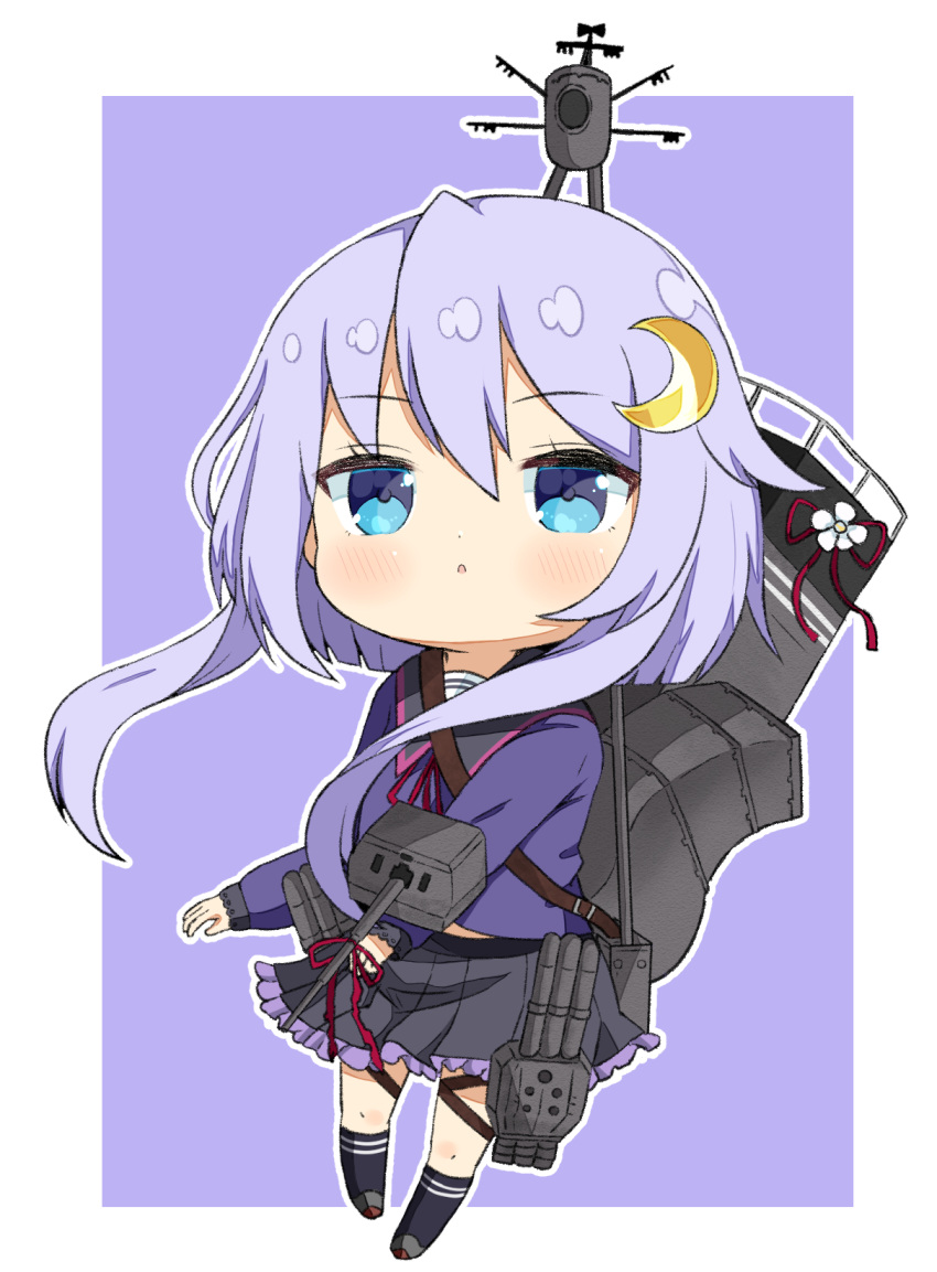 1girl black_skirt black_socks blue_eyes blue_serafuku blush character_name chibi closed_mouth crescent crescent_hair_ornament crys_(dai) full_body hair_between_eyes hair_ornament highres kantai_collection kneehighs long_hair long_sleeves machinery pleated_skirt purple_hair rigging school_uniform serafuku short_hair_with_long_locks skirt smoke socks solo torpedo torpedo_launcher torpedo_tubes turret yayoi_(kancolle)