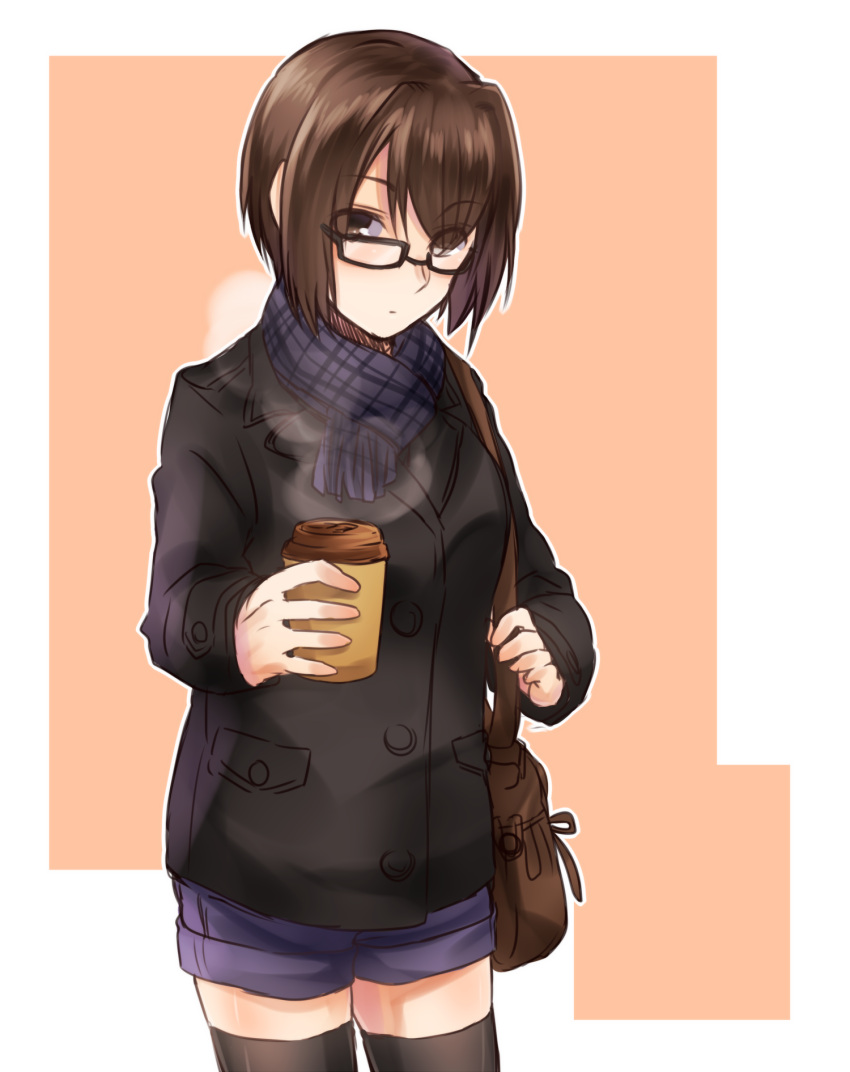 1girl alternate_costume bag bespectacled black_legwear brown_eyes brown_hair contemporary cowboy_shot cup glasses handbag highres hyuuga_(kantai_collection) jacket kantai_collection looking_at_viewer rom scarf short_hair shorts solo steam thigh-highs