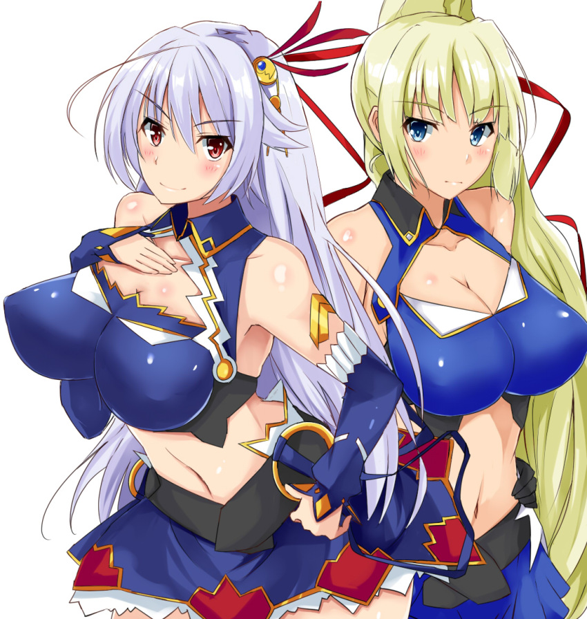 2girls armpits bare_shoulders blonde_hair blue_eyes blush breast_suppress breasts cleavage cleavage_cutout elbow_gloves eleonora_viltaria gloves hair_ornament hand_on_hip large_breasts limalisha long_hair looking_at_viewer madan_no_ou_to_vanadis midriff multiple_girls navel red_eyes side_ponytail silver_hair simple_background smile takara_joney white_background