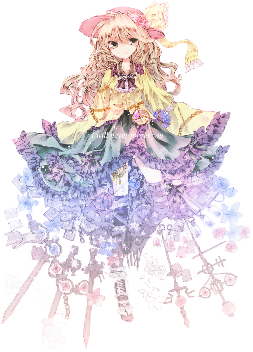 1girl absurdres blonde_hair boots colored_pencil_(medium) flower gears green_eyes hat hat_flower hat_ribbon highres komeiji_koishi long_sleeves ribbon sato_imo shirt skirt solo sword touhou traditional_media weapon wide_sleeves