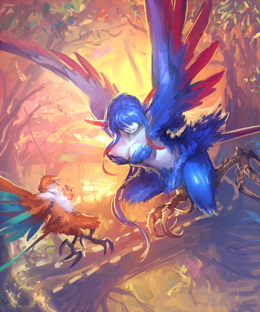 2girls ahoge blue_hair breasts feathered_wings flying forest harpy highres monster_girl multicolored_hair multiple_girls nature no_eyes orange_hair original pale_skin redhead smile tail_feathers talons temmasa22 wings